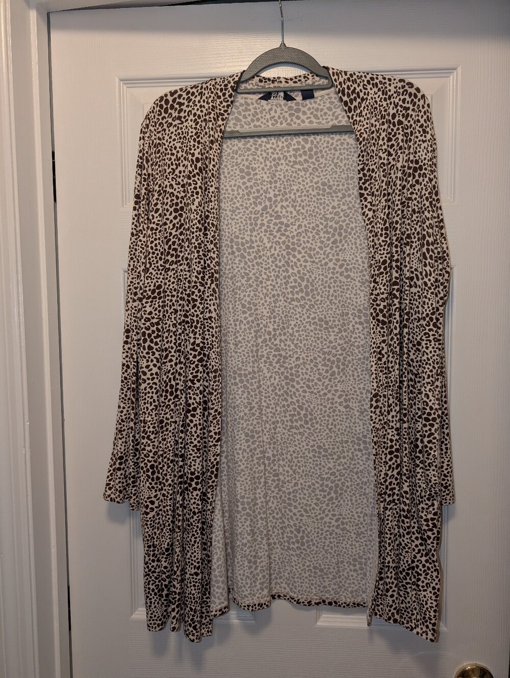 Lands End Womens Open Front Cardigan Sz XL Brown Animal Print Pockets Rayon